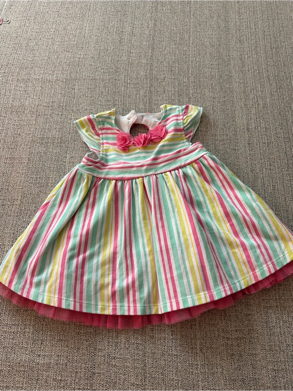 Little Me Striped Floral Accent Girls' Dress w Pink Tulle Petticoat Size 12M